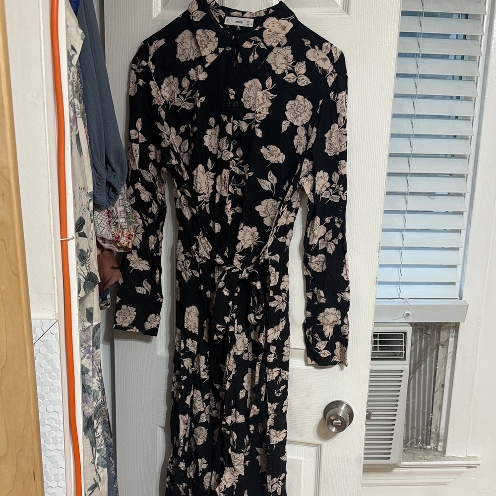 Mango Black Maxi Dress with Blush Floral Print